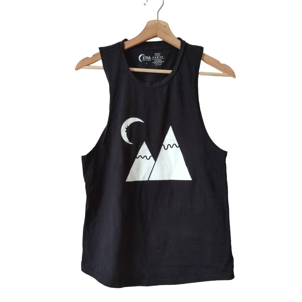 ZYIA Active Womens Muscle‎ Tee Tank Top Black White Large Mountains Moon Workout
